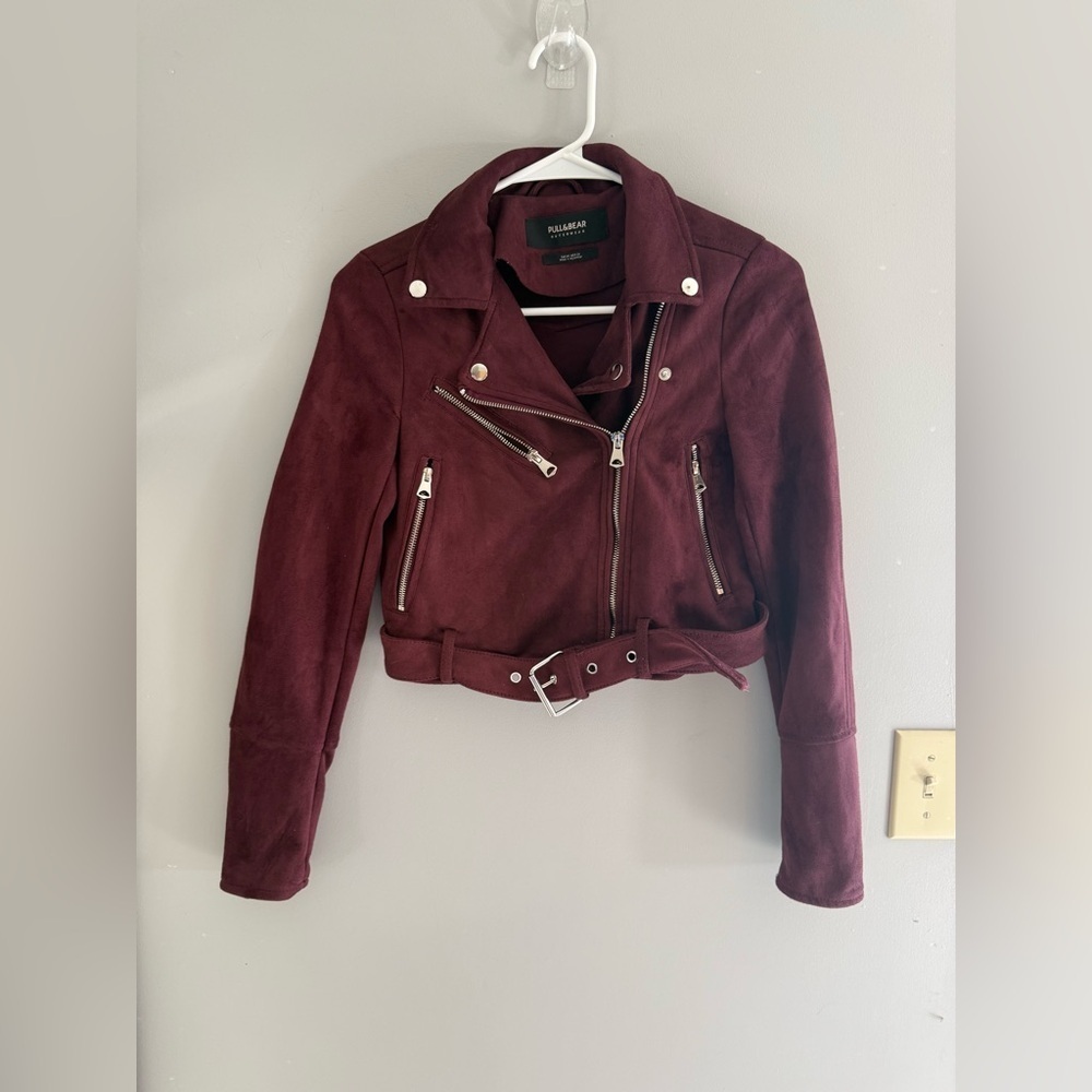Pull&Bear Maroon Faux Suede Moto Biker Cropped Jacket Women’s SZ XS Outerwear
